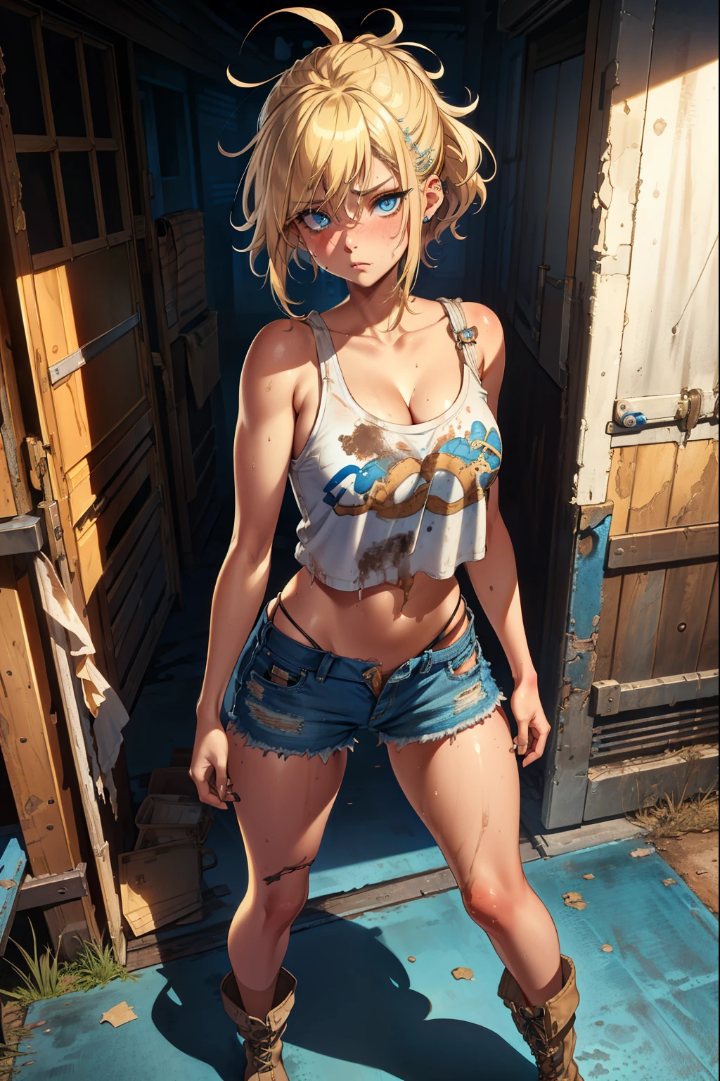 blue eyes, blonde hair, Makeup (Messy), (extremely detailed CG unity 4k wallpaper),(masterpiece),(best quality),(ultra-detailed),(best illustration),(best shadow),(absurdres),(detailed background), Trailer park trash, Short blonde hair (very Messy), Croptop tank top (filthy), denim short skirt (filthy), Cowgirl boots, Sad expression, Dirty girl, standing, poor,