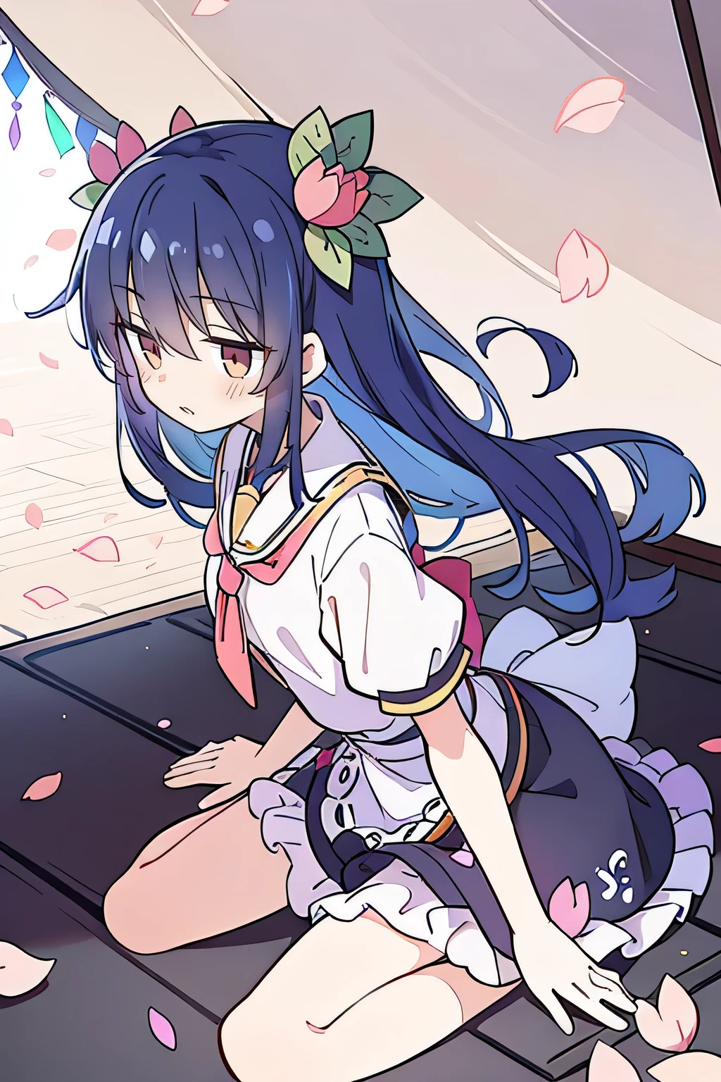 (best quality, masterpiece:1.2), expressive eyes, perfect face, 1 girl, hands on waist, beautiful, gorgeous, Japanese animation, Lola, Hinamori Angel, blue hair, floating clothes, waist grab, waist grab, hands on hips, sitting, sitting on the ground, legs on the ground, flat-chested, falling petals, sitting in a pavilion, pavilion,sunrise,Petals fall,
