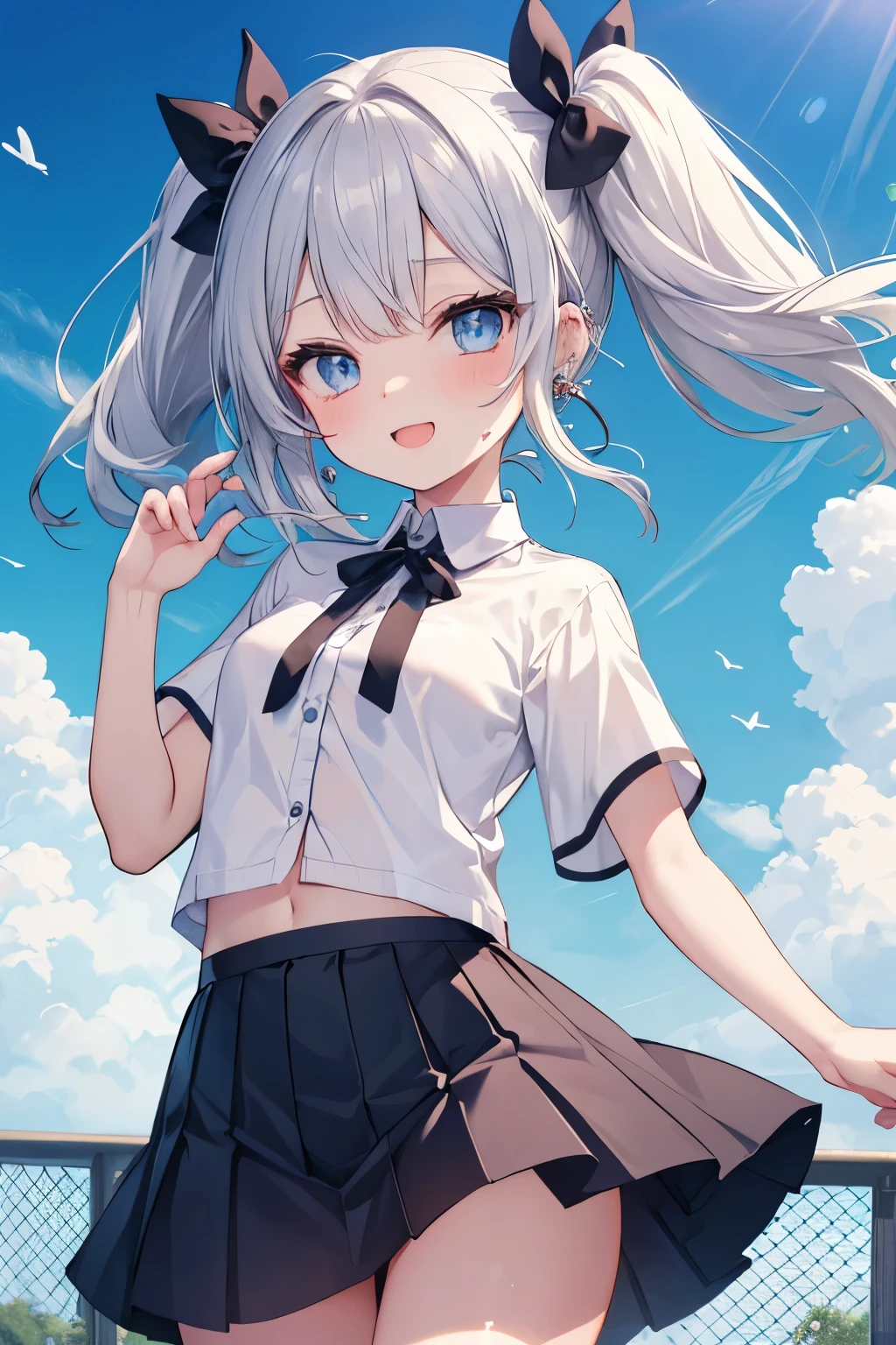 Silver-haired blue eyes、 girl、Small breasts、Twin tails、Laughter、Nico Nico Smile、Wink、 girl、Looks about 15 years old、Petan Musume、short、There are highlights on the eyes、Gal-like appearance、Wearing piercings、Sexy short sleeve outfit、mini skirt、The wind is blowing and my panties are showing through my skirt、I'm sweating because it's so hot、blue sky、Lightly dressed and cute