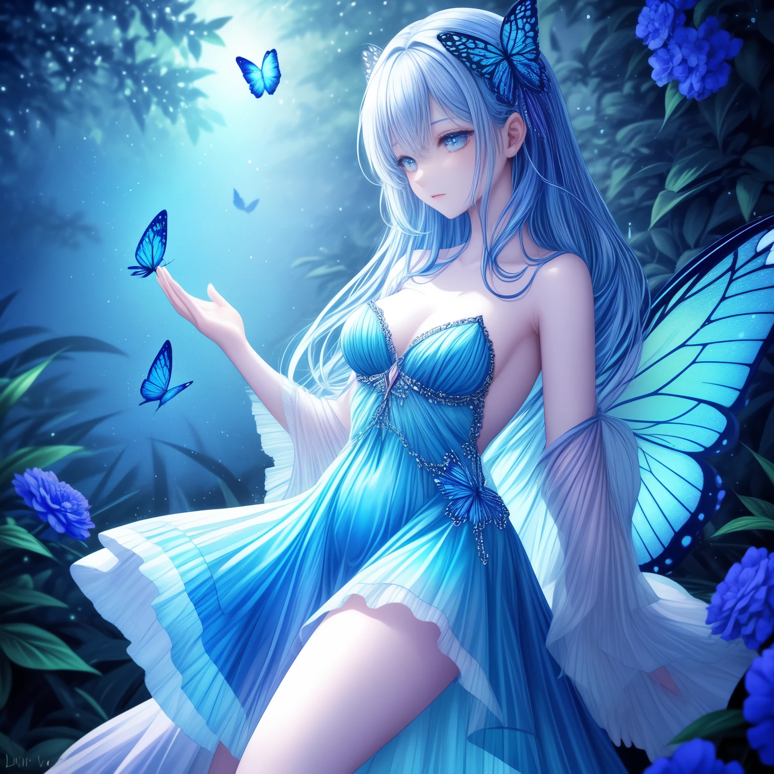 In the enchanting realm of ethereal beauty, a mesmerizing blue butterfly graces the scene with its iridescent wings shimmering in the soft, moonlit glow. The butterfly's wings are a stunning canvas of exquisite blue hues, blending seamlessly from a gentle sapphire to a captivating cerulean. Its delicate body rests atop the outstretched petals of a fully bloomed, pastel blue flower, marking a rare moment of tranquility and harmony in nature. The butterfly's wings are adorned with intricate veins, giving them a bejeweled appearance, while its tiny, dusted feet clutch onto the