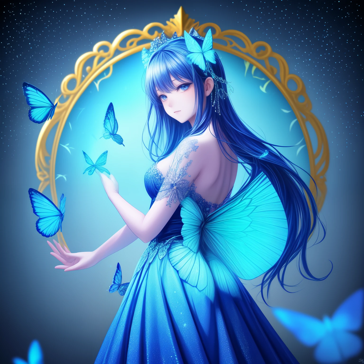 In the enchanting realm of ethereal beauty, a mesmerizing blue butterfly graces the scene with its iridescent wings shimmering in the soft, moonlit glow. The butterfly's wings are a stunning canvas of exquisite blue hues, blending seamlessly from a gentle sapphire to a captivating cerulean. Its delicate body rests atop the outstretched petals of a fully bloomed, pastel blue flower, marking a rare moment of tranquility and harmony in nature. The butterfly's wings are adorned with intricate veins, giving them a bejeweled appearance, while its tiny, dusted feet clutch onto the