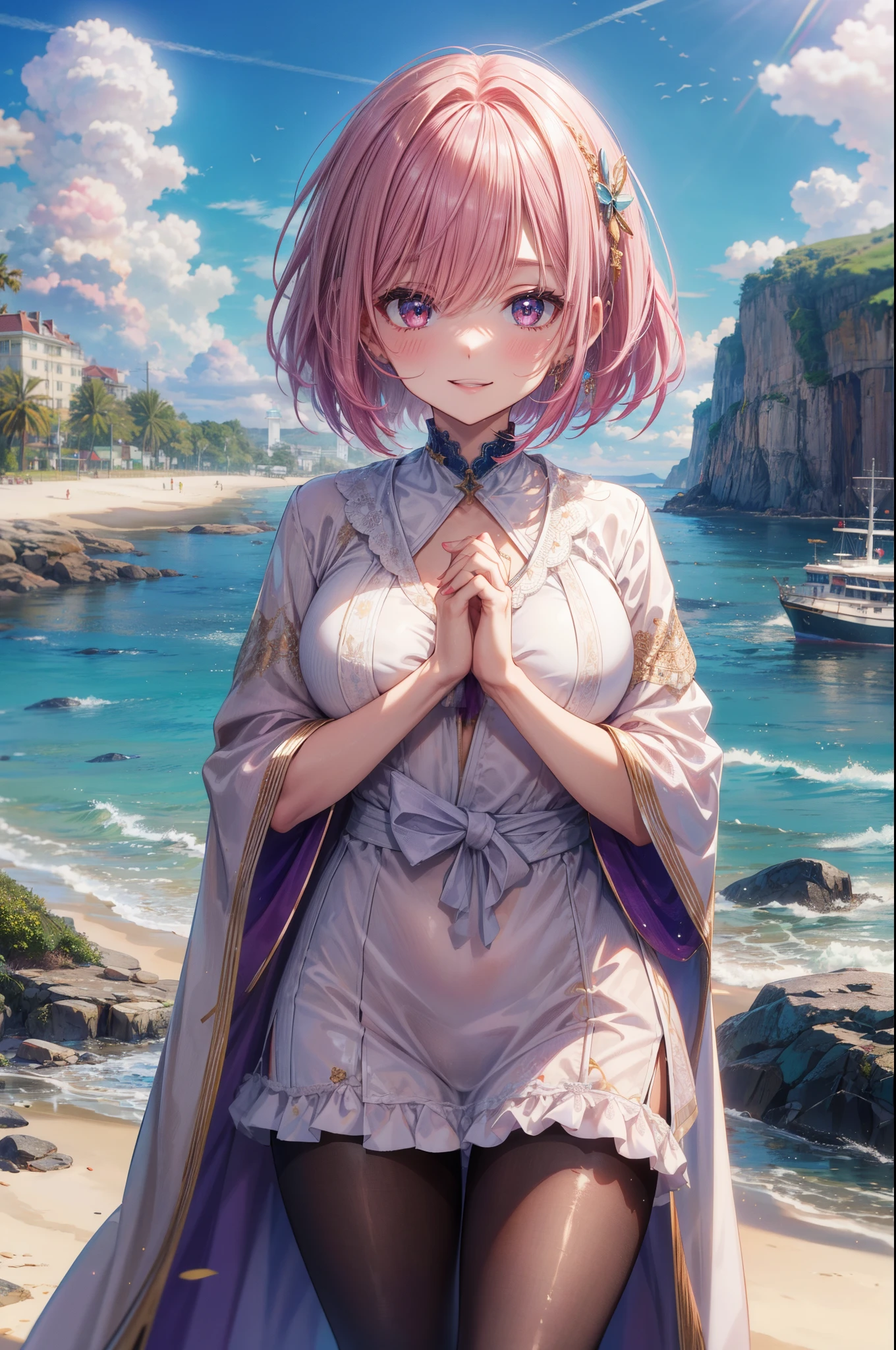 ((white robe gown)), 4 defined fingers, 1 defined thumb, looking at viewer, solo, 1 woman, 25 years old, AI generated, highest quality, masterpiece, skindentation, perfect face, 8k , cowboy shot, short hair, (pink hair1.5), bob cut, black eye, smile, thin thighs, medium breasts, perfect limbs, sexy, (visible nipples:0.7), (camel toe:0.5), pantyhose, ((own hands together)), ((bright seaside)),