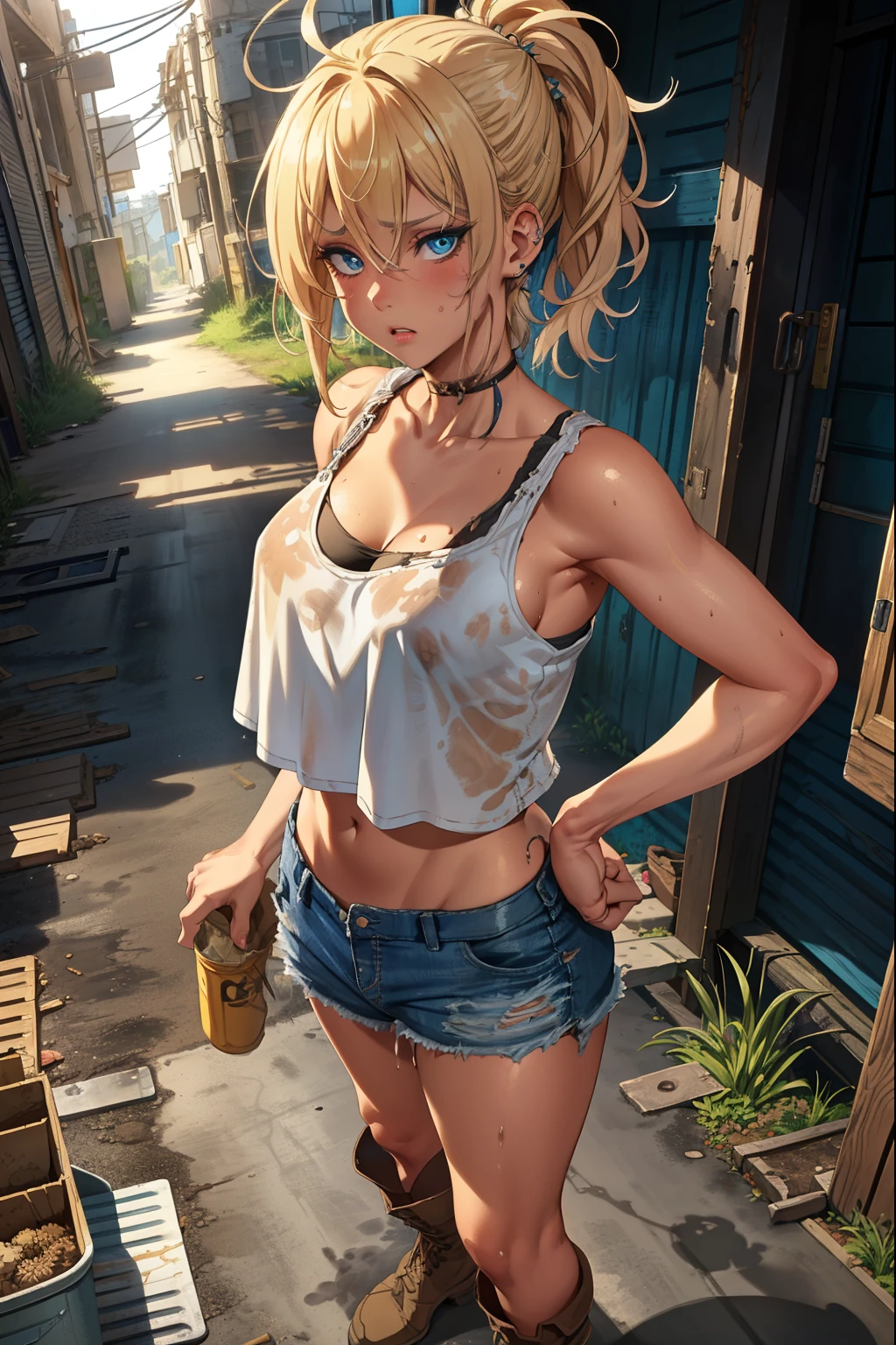 blue eyes, blonde hair, Makeup (Messy), (extremely detailed CG unity 4k wallpaper),(masterpiece),(best quality),(ultra-detailed),(best illustration),(best shadow),(absurdres),(detailed background), Trailer park trash, Short blonde hair (very Messy), Croptop tank top (filthy), denim short skirt (filthy), Cowgirl boots, Sad expression, Dirty girl, standing, poor,