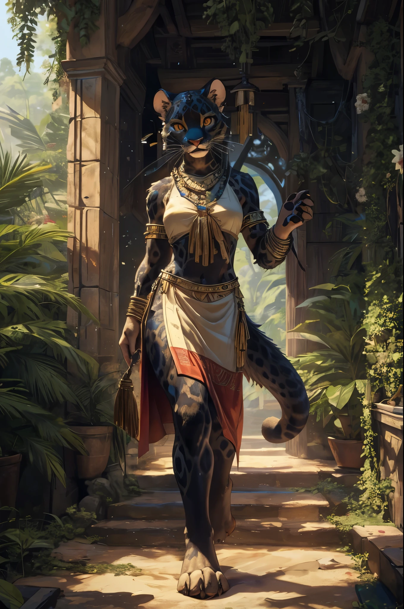(((Barefoot furry character, full body, cinematic setting, furry sexy female, plantigrade))) Curare depicted as stealthy and agile ((panther)) anthro with sleek black fur and piercing amber eyes. Clad in tribal-inspired attire with dart motifs symbolizing curare's traditional use in blow darts. The figure walks barefoot in a rainforest temple setting, surrounded by vines and exotic plants like Strychnos toxifera, used in curare preparation by indigenous tribes. (((nice feet paws, soles with pawpads))), BREAK, detailed background, 8K, (masterpiece:1.5), intricate details, highly detailed, extreme detail, octane render, fine art, best quality, highres, (detailed face:1.5), ((full_body)), UHD, (((perfect hands))), low light