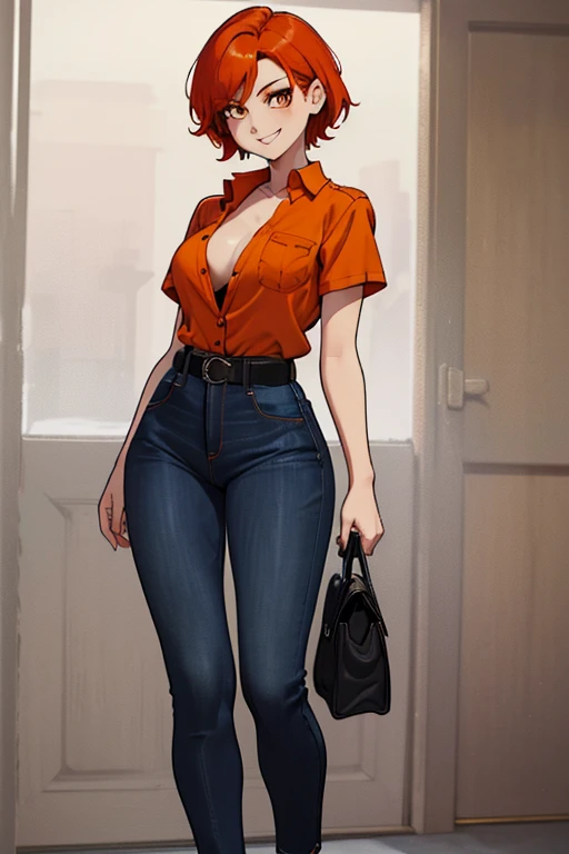 female, red short hair with yellow highlights, orange eyes, (((1girl))), (((black unbuttoned short sleeve shirt))), (orange long sleeve shirt), (black belt), (blue denim jeans), (black flats), cute and sexy, large breasts, large butt, full body, long legs, smiling