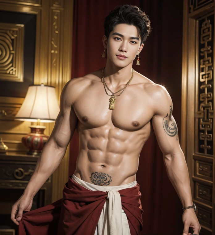handsome boy tibetan , smiling, catching eyes , Chinese Men God, Mythology, realistic, Chinese odyssy, super Handsome,manly, kpop idol, handsome korean actor, 20 years old,, detailed face, manly jawline, manly chin, detailed mess curly styling hair, Topless, Muscles, big chest Athlete body, Full Frame,full body shoots, Sexy, realistic, human skin, tattoo breast, Professional studio Lighting, long red tibetan Outfit, jade and golden pendent all over , detailed jewery in dress, earings,Chinese ancient tibetan temple Background,out door, super detailed background,look at camera , open mouth, sexy loincloth Underneathe Underwear, tibetan Warrior, Hanfu red wedding dress, tibetan Male, tibet Nobel, Seduce , bare chest , tattoo chest, tattoo arms, tattoo hands, tattoo back, tattoo legs , detailed thailand style tattoos, big juicy butts, bare butts