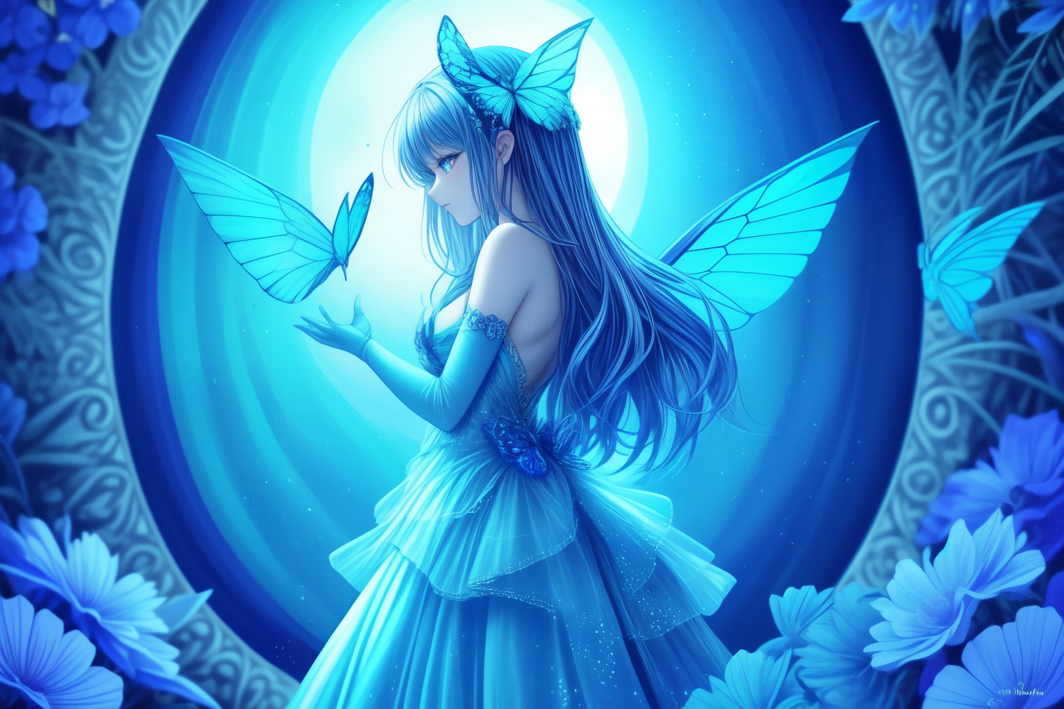 In the enchanting realm of ethereal beauty, a mesmerizing blue butterfly graces the scene with its iridescent wings shimmering in the soft, moonlit glow. The butterfly's wings are a stunning canvas of exquisite blue hues, blending seamlessly from a gentle sapphire to a captivating cerulean. Its delicate body rests atop the outstretched petals of a fully bloomed, pastel blue flower, marking a rare moment of tranquility and harmony in nature. The butterfly's wings are adorned with intricate veins, giving them a bejeweled appearance, while its tiny, dusted feet clutch onto the