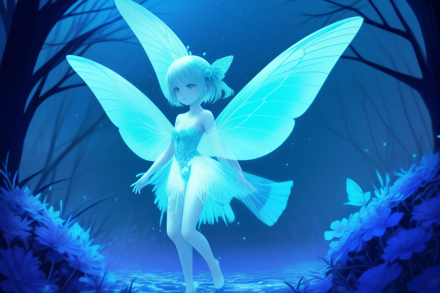 In the enchanting realm of ethereal beauty, a mesmerizing blue butterfly graces the scene with its iridescent wings shimmering in the soft, moonlit glow. The butterfly's wings are a stunning canvas of exquisite blue hues, blending seamlessly from a gentle sapphire to a captivating cerulean. Its delicate body rests atop the outstretched petals of a fully bloomed, pastel blue flower, marking a rare moment of tranquility and harmony in nature. The butterfly's wings are adorned with intricate veins, giving them a bejeweled appearance, while its tiny, dusted feet clutch onto the