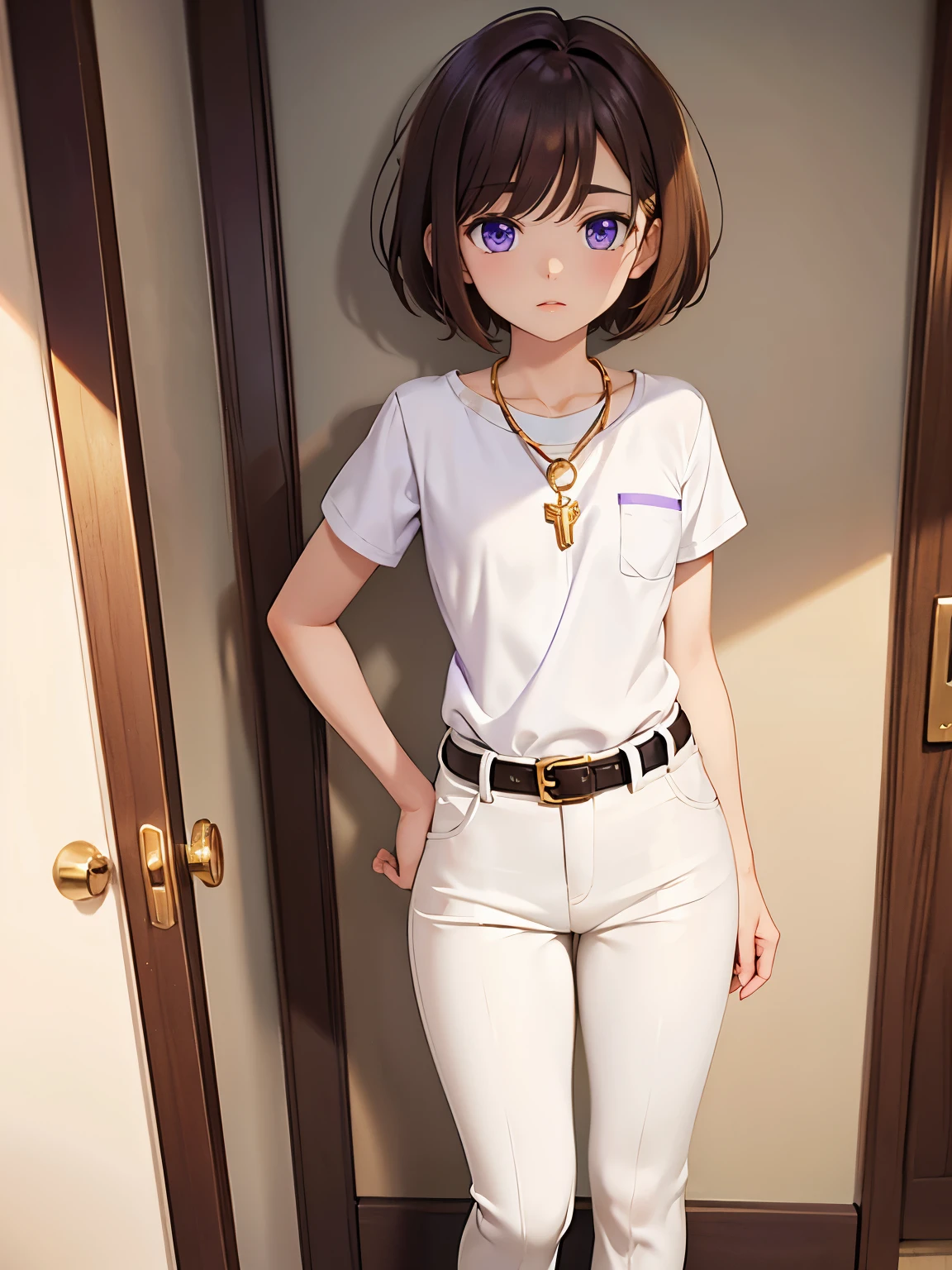Purple eyes, white shirt, short sleeves, white pants, short, short hair, brown hair, no chest, golden necklace, golden belt, golden socks, room, standing