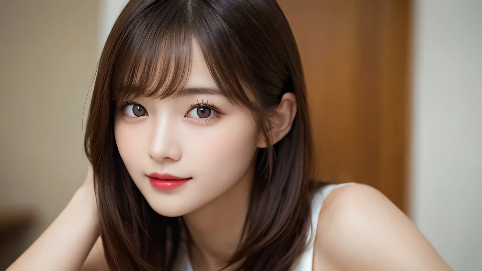 On the table, best quality, shape, Ultra Detailed, Finely, high resolution, 8k wallpaper, 完璧なダイナミックな構shape, Beautiful and delicate eyes, Medium Length Hair, Small Breasts, Natural lipstick, Casual sexy pose,Smile,20 year old girl、midnight、Beautiful and detailed face、Perfect beautiful face,big eyes、original photo、Expressing female posture using the whole body、Beautiful and delicate eyes、Small face、Beautiful duplex、Facelift and style,skirt、Beautiful golden ratio face,Long hair