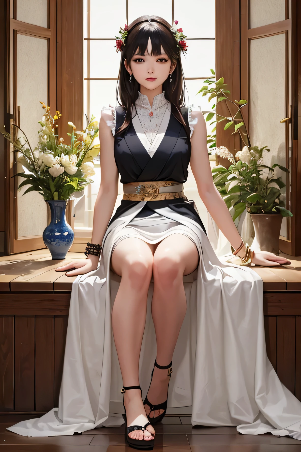 ((highest quality)), ((masterpiece)), (detailed), One beautiful girl,Raising both legs,Perfect Face,Wearing a sleeveless kimono,Bracelet