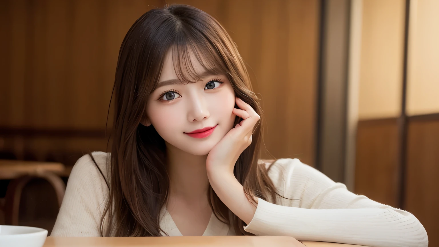 on the table, best quality, shape, Super detailed, Finely, high resolution, 8k wallpaper, 完璧なダイナミックな構shape, Beautiful and delicate eyes, Medium Length Hair, Small Breasts, Natural lipstick, Casual sexy pose,Smile,20 year old girl、midnight、Beautiful and detailed face、Perfect beautiful face,big eyes、original photo、Use the whole body to express female posture、Beautiful and delicate eyes、Small face、Beautiful duplex、Facelift and style,skirt、Beautiful golden ratio face,Long hair