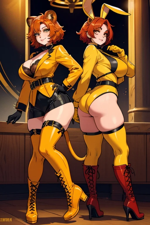 female, red short hair with yellow highlights, orange eyes, (((1girl))), (((yellow bunny suit))), (black gloves), (black lace up boots), (black belt), (white stockings), (lion ears), (lion tail), cute and sexy, large breasts, large butt, full body, long legs, smiling