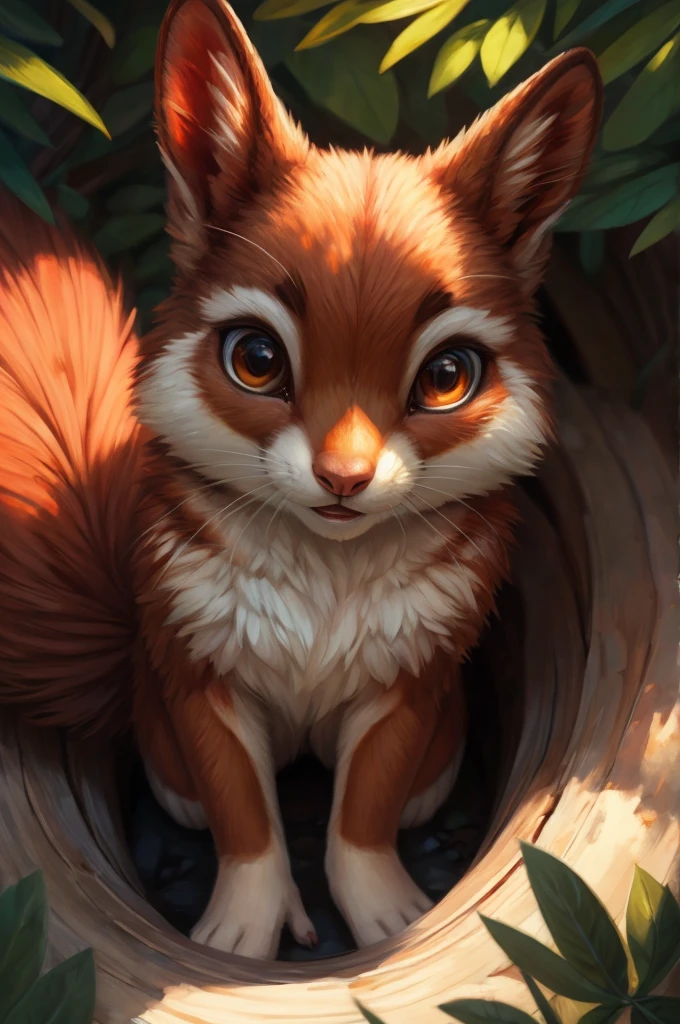 [S="small_anthro, solo, (cute), small, female, furry, furry_art, light_brown_eyes, (red_squirrel), fluffy_fur, photorealistic_fur, squirrel's_nose, squirrel's_tail, 2_arms_and_2_legs"]. S coming out from tree's hole, depht_of_high_view, masterpiece, breathtaking, superb_quality, photorealistic_oil_painting, trending_on_artstation, disney_art, by pixelsketcher, by hioshiru, by degasi, by wlop, 