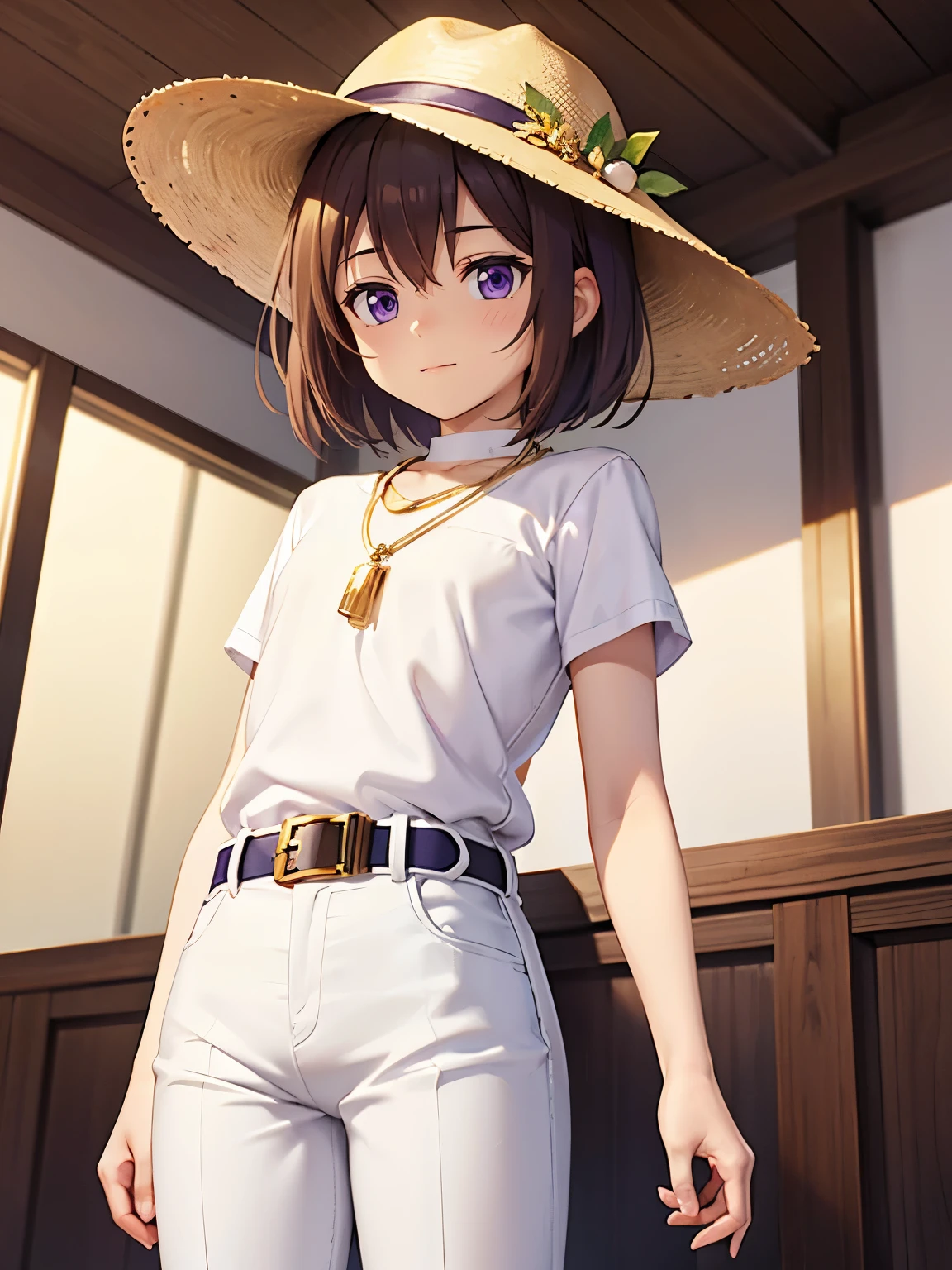Purple eyes, white shirt, short sleeves, white pants, short, short hair, brown hair, no chest, golden necklace, golden belt, golden socks, room, standing, golden hat