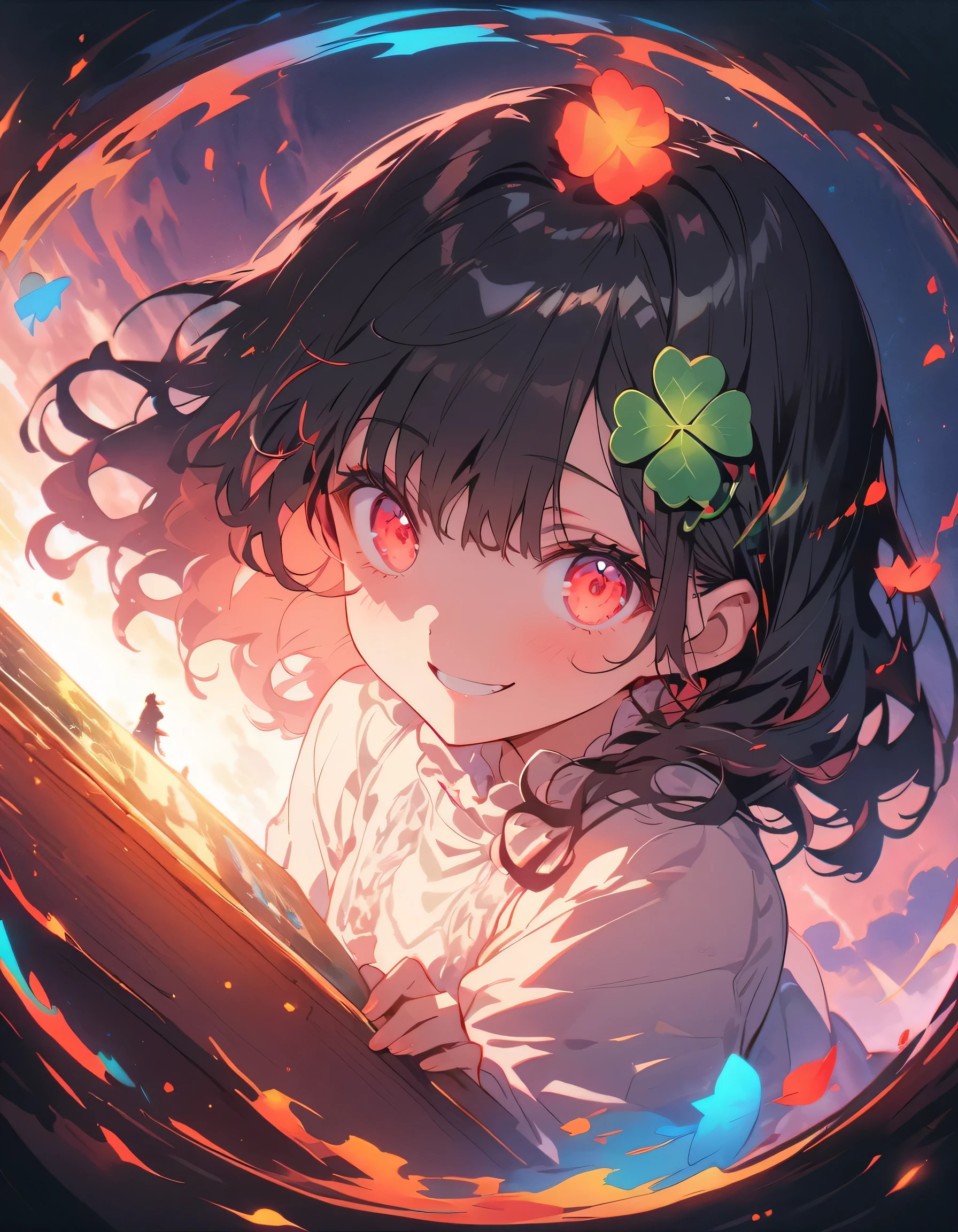 (masterpiece),(highest quality), figure, (Fantasy:1.4), Chestnut wavy hair, Long eyelashes, Round eyes, smile, (four Leaf Clover:1.2)、(Lucky、like)、Surrealism, Anaglyph, Stereogram, Atmospheric perspective, 8k, Super Detail, Accurate, highest quality, 超High resolution, Textured skin, Green and black long dress, (pastel colour)、 Flowers , paper_cut、(highest quality、masterpiece、High resolution、detailed)、anime style、Flat Style、(Shining Eyes、Beautiful Face),  BREAK,1 girl、extremely detailed(The Shining), Best lighting, Best Shadow、floating, (High saturation),Dynamic Angle、anime