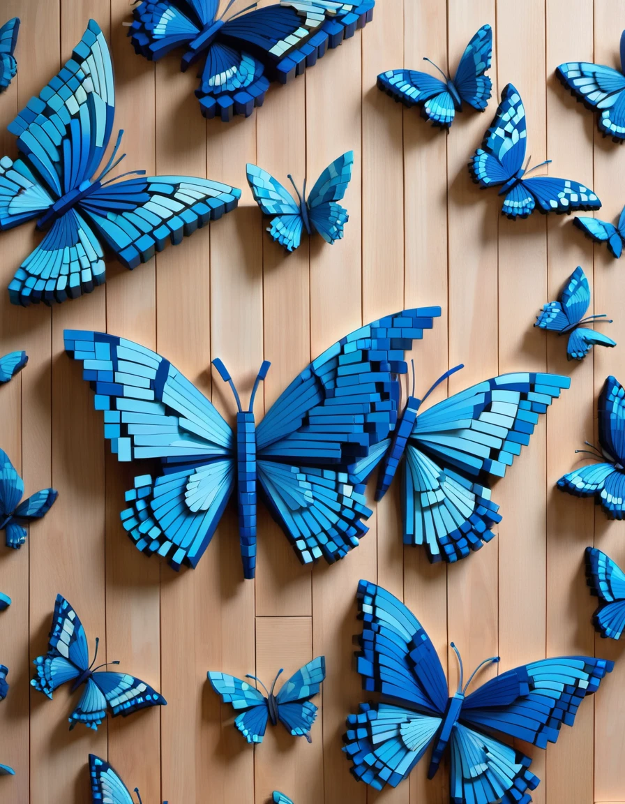 Pixel Art，Australian artist Gil Bruvel uses colored wood blocks to create voxel blue butterflies，(solo)