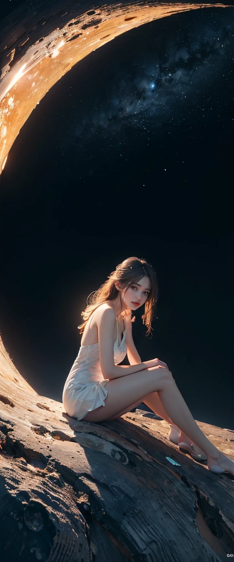 ((masterpiece, highest quality, Highest image quality, High resolution, photorealistic, Raw photo, 8K)), ((Extremely detailed CG unified 8k wallpaper)), Floating, Side view of a woman sitting on a giant crescent moon in the night sky, white one-piece dress.