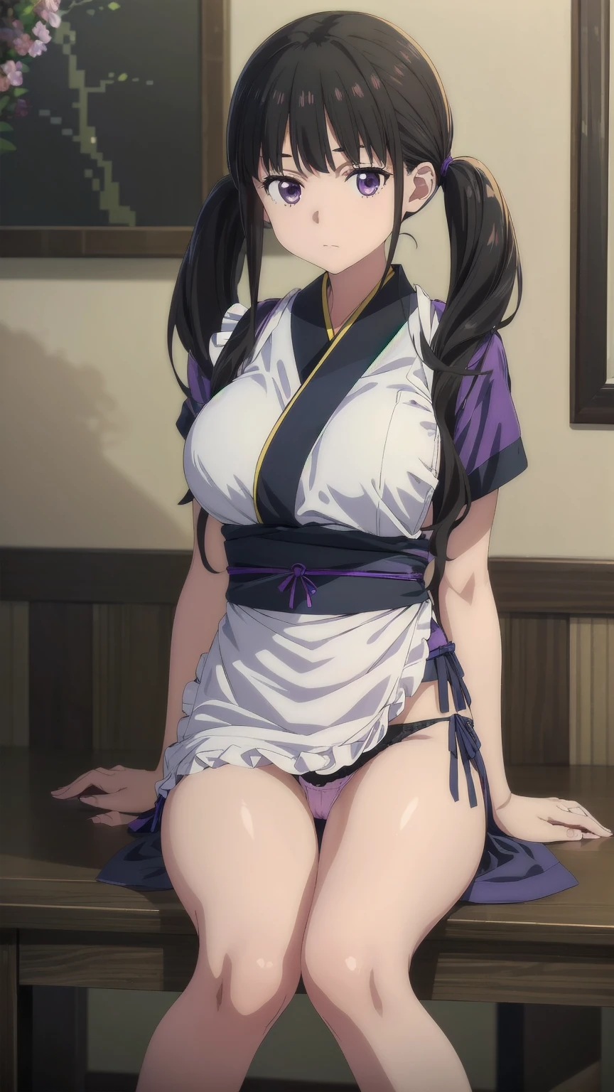 (((Pixel Perfect, Perfect detail))), (1 Girl, solo), takina inoue, long hair, bangs, twintails, black hair, (purple eyes:1.2), japanese clothes, kimono, apron, waist apron, blue kimono, waitress, Sitting, (between breast:1.3), (Showing panties:1.3), whole body