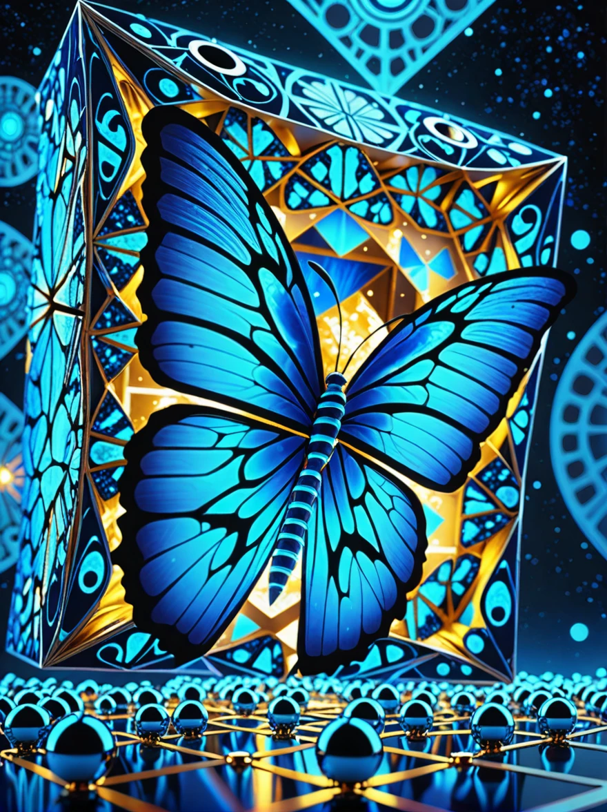Blue butterfly body fragment, (solo:1.3), 3d cube fragment of blue butterfly body, Cube and sphere detached from the surface, A CGI surreal masterpiece, Vibrant colors, Edge lighting, Mechanical crushing, Biosphere decomposition, High Detail, Floating parts, Detailed cosmic background, Fractal Art, Galaxy Light Vision, 8k, Astral Concept Art, Sharp lines