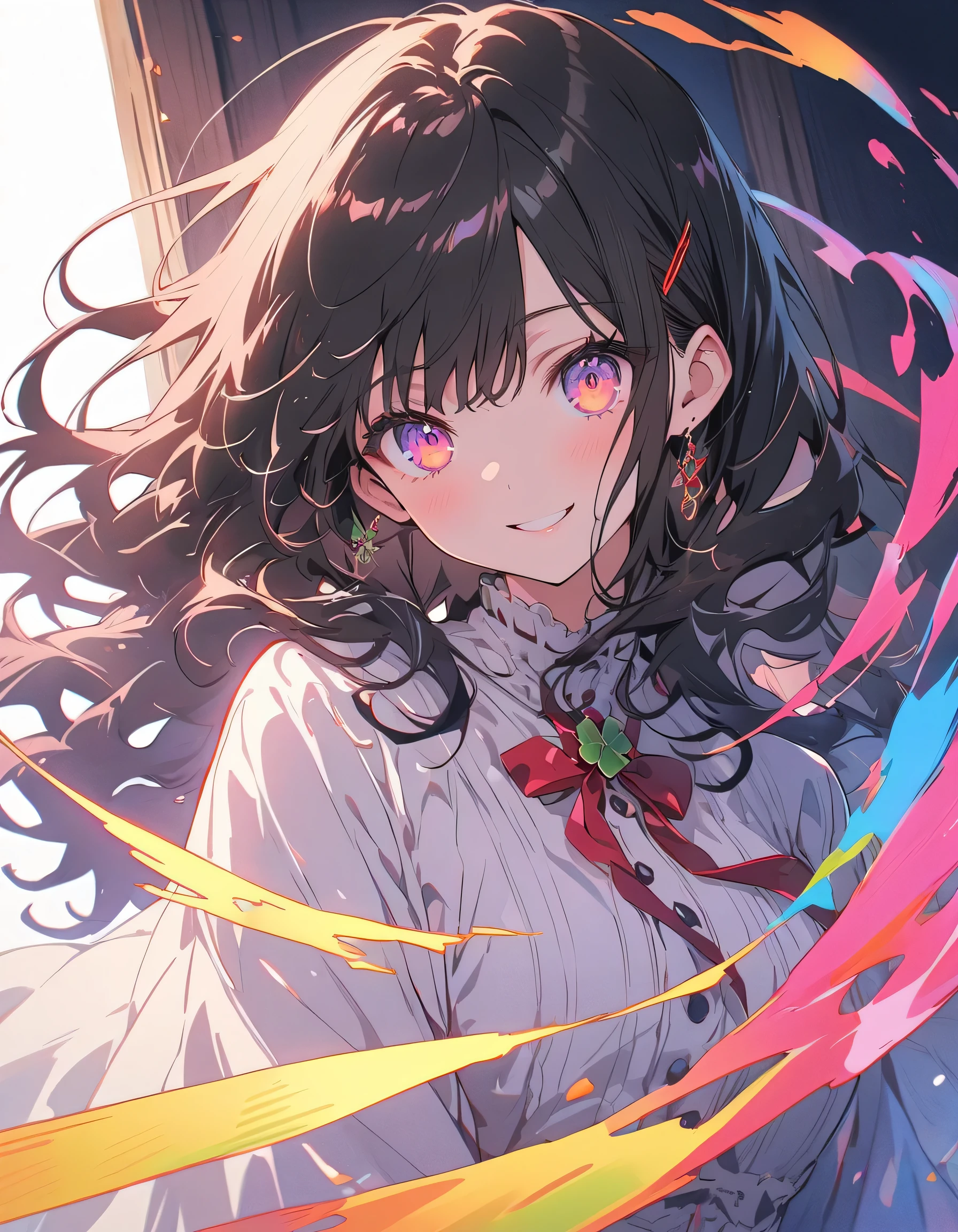 (masterpiece),(highest quality), figure, (Fantasy:1.4), Chestnut wavy hair, Long eyelashes, Round eyes, smile, (four Leaf Clover:1.2)、(Lucky、like)、Surrealism, Anaglyph, Stereogram, Atmospheric perspective, 8k, Super Detail, Accurate, highest quality, 超High resolution, Textured skin, Green and black long dress, (pastel colour)、 Flowers , paper_cut、(highest quality、masterpiece、High resolution、detailed)、anime style、Flat Style、(Shining Eyes、Beautiful Face),  BREAK,1 girl、extremely detailed(The Shining), Best lighting, Best Shadow、floating, (High saturation),Dynamic Angle、anime