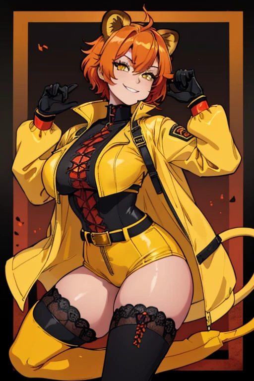 female, red short hair with yellow highlights, orange eyes, (((1girl))), (((orange bunny suit))), (black gloves), (black lace up boots), (black belt), (white stockings), (lion ears), (lion tail), cute and sexy, large breasts, large butt, full body, long legs, smiling