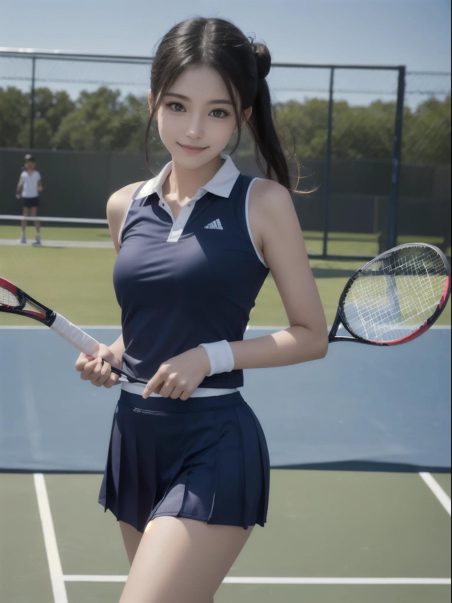 8k, The perfect human body, Real person, Realistic, RAW Photos, Real human face, Real human face skin, 17 years old, Tall Girl, Small breasts, The body is slim, (Looking at the camera with a shy smile and pure loving eyes), Show your whole body, Updo, No makeup, Beautiful white skin, real human black cute eyes, Sparkling eyes, Cute face, Cinema Lighting, Wear a tennis uniform, Play tennis, School playground background,