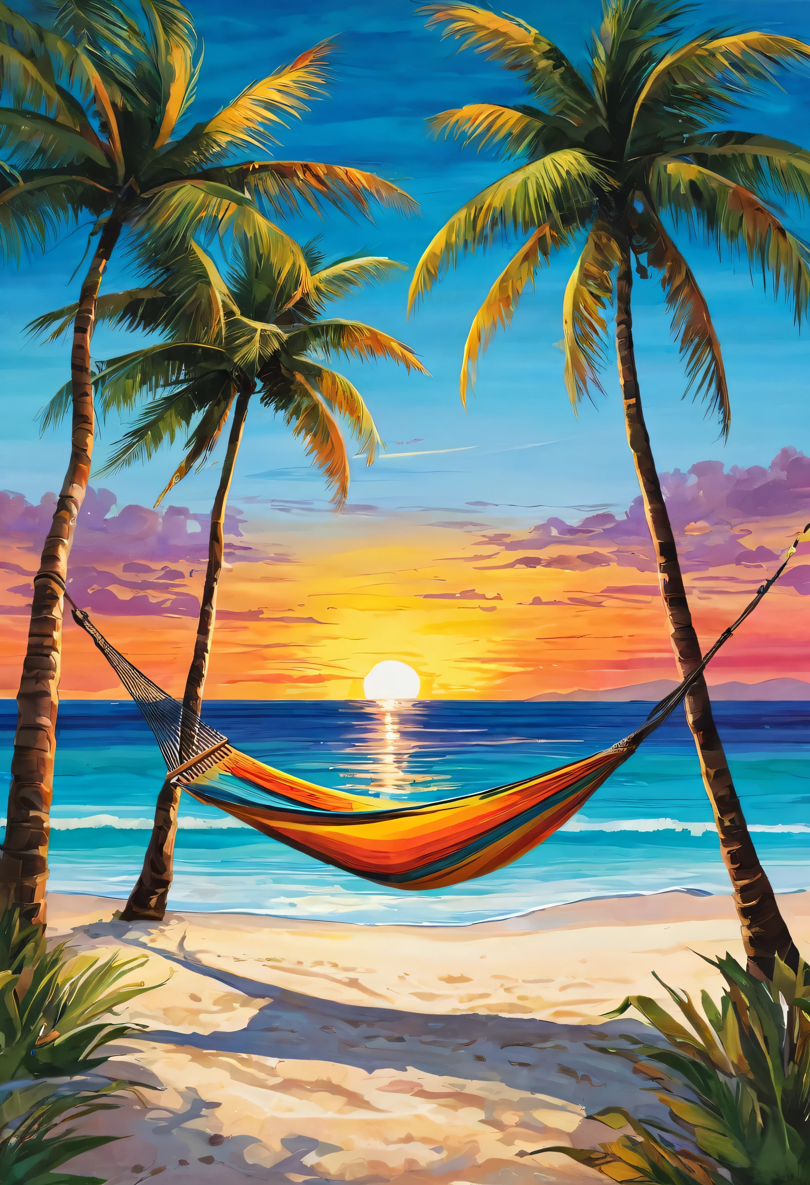 Create a detailed, artistic rendition of a secluded beach scene at sunset with palm trees, a hammock strung between two trees, and a small bonfire. The colors should be warm and inviting, capturing the serene atmosphere of a tropical island.