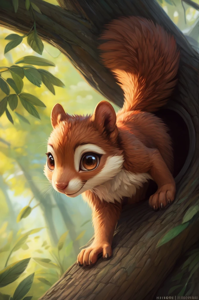 [S="small_anthro, solo, (cute), small, female, furry, furry_art, light_brown_eyes, (red_squirrel), fluffy_fur, photorealistic_fur, squirrel's_nose, squirrel's_tail, 2_arms_and_2_legs"]. S coming out from tree's hole, depht_of_high_view, masterpiece, breathtaking, superb_quality, photorealistic_oil_painting, trending_on_artstation, disney_art, by pixelsketcher, by hioshiru, by degasi, by wlop, 
