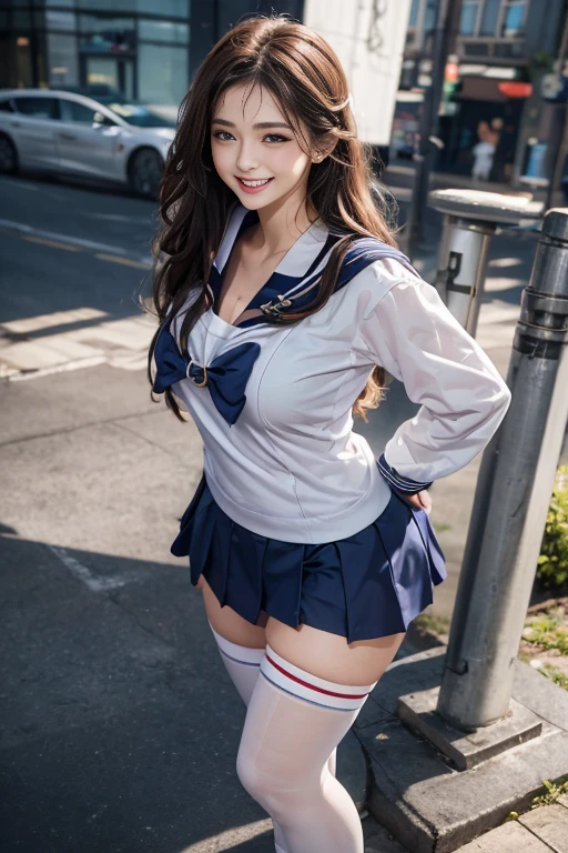 1 female,(((sailor suit))),((skirt)),shy、blush,(red cheek),((looks happy:1.3))、thighhighs,((loafers)),curvy thighs,Breathless face、sweating、Excited facial expression、Long Hair、back shot,Realistic,High resolution,Soft Light,Large Breasts, blue eyes,