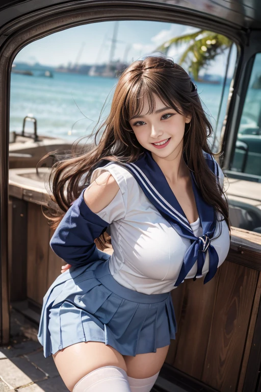 1 female,(((sailor suit))),((skirt)),shy、blush,(red cheek),((looks happy:1.3))、thighhighs,((loafers)),curvy thighs,Breathless face、sweating、Excited facial expression、Long Hair、back shot,Realistic,High resolution,Soft Light,Large Breasts, blue eyes,