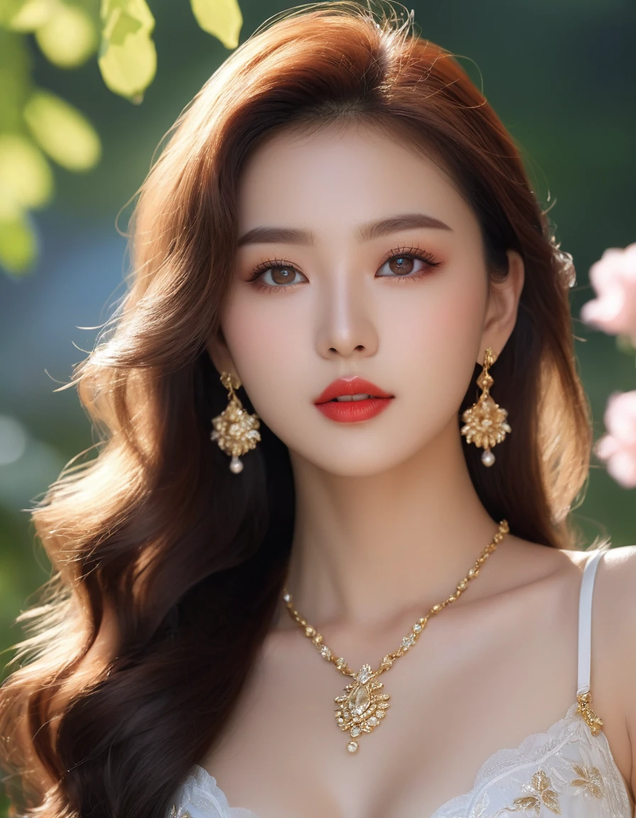 pretty girl: Asian, super cute, stunningly beautiful, gorgeous;
Age: from 18-20 years old;
hair: bronze orange color, smooth, shimmering in the sunlight, very detailed;
skin: ivory white, rosy and flawless;
pores on real leather;
eyes: pure black, (((realistic))), almond shaped, sexy, youthful, clear, super detailed, elegant, seductive, vivid, sharp makeup, ((captivating of viewers));
eyelids: delicate, delicate, perfectly beautiful;
Eyebrows: arched, sparse, sharp;
face: beautiful, pure, beautiful like a fairy, delicate makeup, lovely, perfectly balanced, beautiful in every detail, delicate lines;
nose: pretty, lovely, high;
Cheekbones: prominent;
lips: seductive, light red lipstick, lovely lip gloss;
teeth: moon crystal;
breasts: full, deep cleavage, firm, fits bra well, protruding nipples;
bra: bright red, gold embroidery, metallic;
body: plump, attractive, full of youth;
accessories: ruby necklace, ruby earrings;
shirt: silk fabric, red, with white silk belt at the waist;
dress: tight, see-through, flattering busty figure;
Fashion style: high-end women, modern 2024, luxury;
Photo quality: non-NSFW, 8K CG HD, sharp, super beautiful graphics, professional, detailed, vibrant colors, super smooth, advanced techniques, super realistic RAW;
lighting: luxurious, front projection, complex, black and gold tones;
sunlight: sparkling, illuminating the girl's body;
Background: wonderland, colorful flower garden.
((Close-up photo of the girl's face, super realistic, super detailed of her eyes and lips, highlighting the edges of her face under the bright sunlight)).
