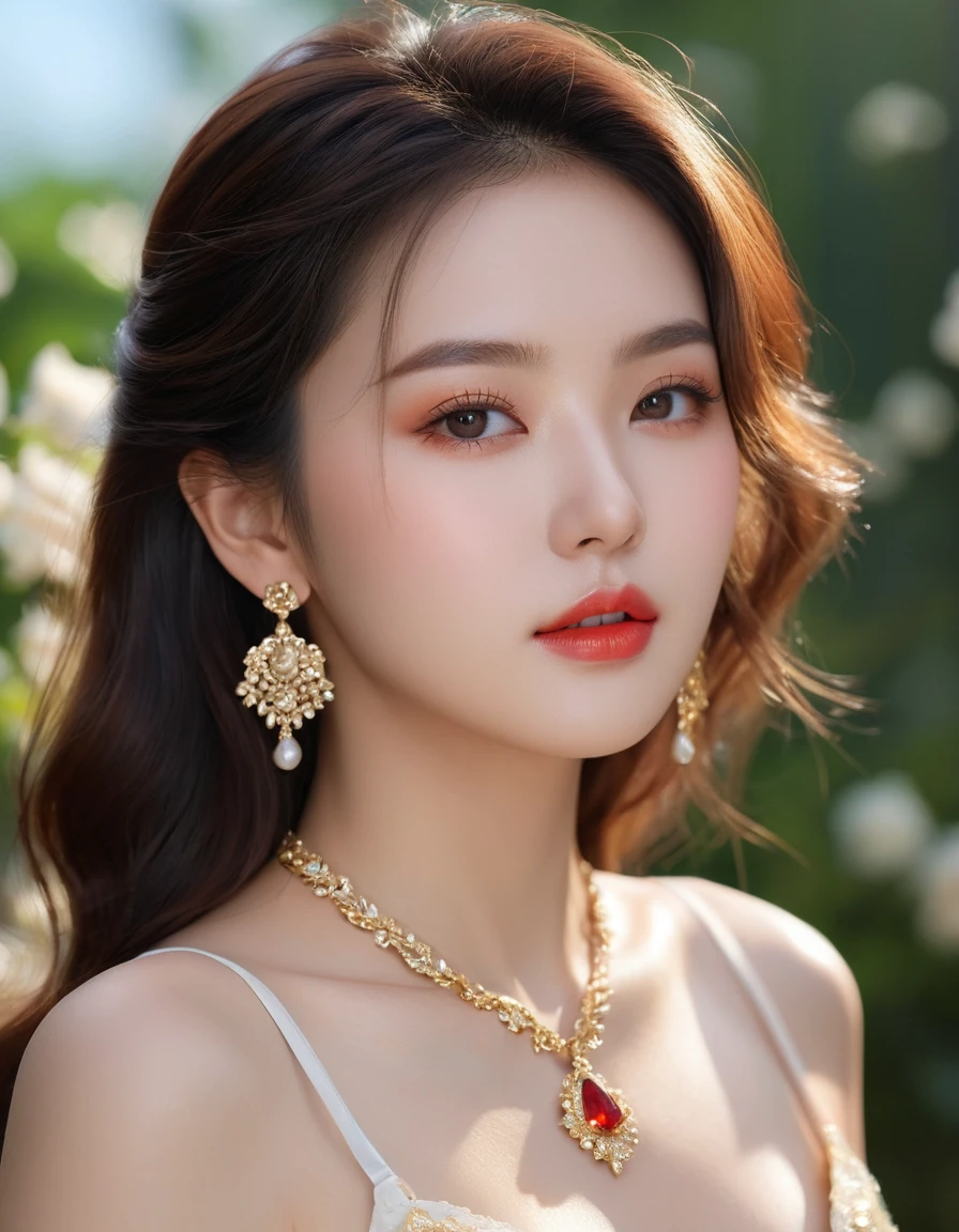 pretty girl: Asian, super cute, stunningly beautiful, gorgeous;
Age: from 18-20 years old;
hair: bronze orange color, smooth, shimmering in the sunlight, very detailed;
skin: ivory white, rosy and flawless;
pores on real leather;
eyes: pure black, (((realistic))), almond shaped, sexy, youthful, clear, super detailed, elegant, seductive, vivid, sharp makeup, ((captivating of viewers));
eyelids: delicate, delicate, perfectly beautiful;
Eyebrows: arched, sparse, sharp;
face: beautiful, pure, beautiful like a fairy, delicate makeup, lovely, perfectly balanced, beautiful in every detail, delicate lines;
nose: pretty, lovely, high;
Cheekbones: prominent;
lips: seductive, light red lipstick, lovely lip gloss;
teeth: moon crystal;
breasts: full, deep cleavage, firm, fits bra well, protruding nipples;
bra: bright red, gold embroidery, metallic;
body: plump, attractive, full of youth;
accessories: ruby ​​necklace, ruby ​​earrings;
shirt: silk fabric, red, with white silk belt at the waist;
dress: tight, see-through, flattering busty figure;
Fashion style: high-end women, modern 2024, luxury;
Photo quality: non-NSFW, 8K CG HD, sharp, super beautiful graphics, professional, detailed, vibrant colors, super smooth, advanced techniques, super realistic RAW;
lighting: luxurious, front projection, complex, black and gold tones;
sunlight: sparkling, illuminating the girl's body;
Background: wonderland, colorful flower garden.
((Close-up photo of the girl's face, super realistic, super detailed of her eyes and lips, highlighting the edges of her face under the bright sunlight)).