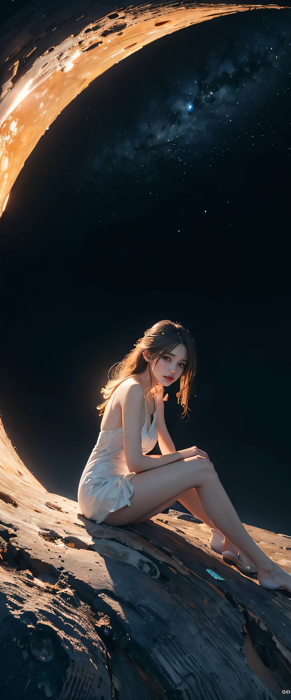((masterpiece, highest quality, Highest image quality, High resolution, photorealistic, Raw photo, 8K)), ((Extremely detailed CG unified 8k wallpaper)), Floating, Side view of a woman sitting on a giant crescent moon in the night sky, white one-piece dress.