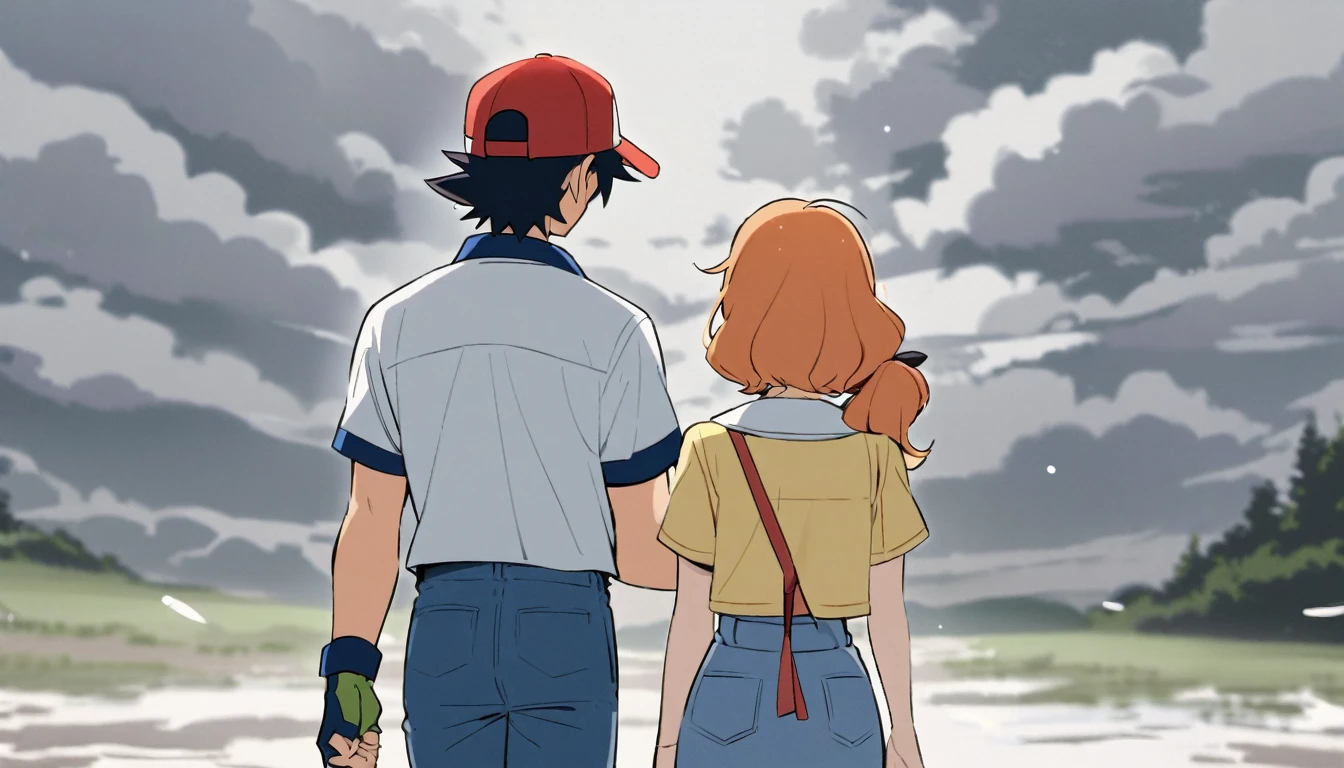 ash ketchum, red baseball cap, open blue jacket, black t-shirt, white jacket neck, white short sleeves jacket, blue jeans, green fingerless gloves, black hair, his brown eyes aren't seen, they are covered with his baseball cap

misty pokémon, orange hair, green eyes, side ponytail, yellow sleeveless cropped shirt, red suspenders, blue jeans shorts, she's almost crying of sadness, she's away from him

a 18 years old couple, rainy day, grey clouds, sad faces, they are turning their backs, walking away from each other.