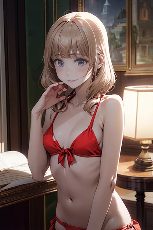 lifelike, 45mm, Super detailed, natural skin texture, Surrealism, There is a lovely woman, light brown hair, thin:1.3, small:1.3, Bikini, seduct smile, This pose is so cute and beautiful, The background is a traditional room, surrounded by warm and inviting colors. (flower), the room uses soft and soft lighting, Creates a romantic atmosphere. The warm tones and textures of the furniture and fabrics add a touch of comfort to the scene. Overall image quality reaches the highest standards, emphasizing ultra-detailed rendering and photorealistic effects. Vibrant colours, the lighting is soft and dynamic, enhancing the depth and dimensionality of the scene. [lifelike lighting], [vivid colors] and [soft and shadows] Contributes to overall visual appeal. The composition and framing of the scenes are carefully crafted and this is a masterpiece depicting the essence of romance with utmost realism and artistic skill.