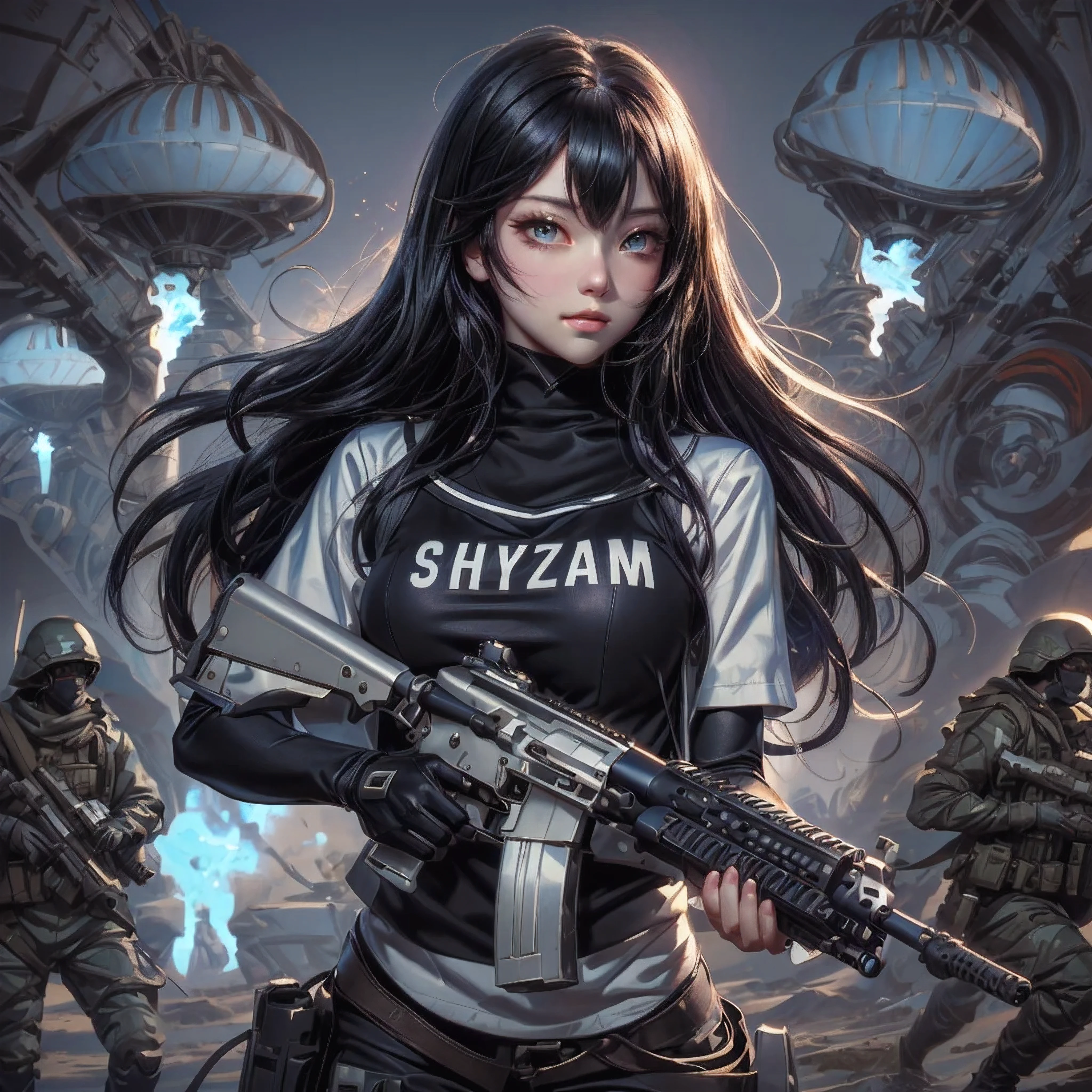 Black long hair anime girl with gun and army uniform in field with parachutes, artwork in the style of guweiz, mechanized soldier girl, realistic anime 3 d style, sakimi chan, infantry girl, stylized anime, anime style 4 k, badass anime 8 k, guweiz, anime style. 8k, soldier girl, detailed digital anime art, with rifle, 8k wallpaper, detailed eyes.