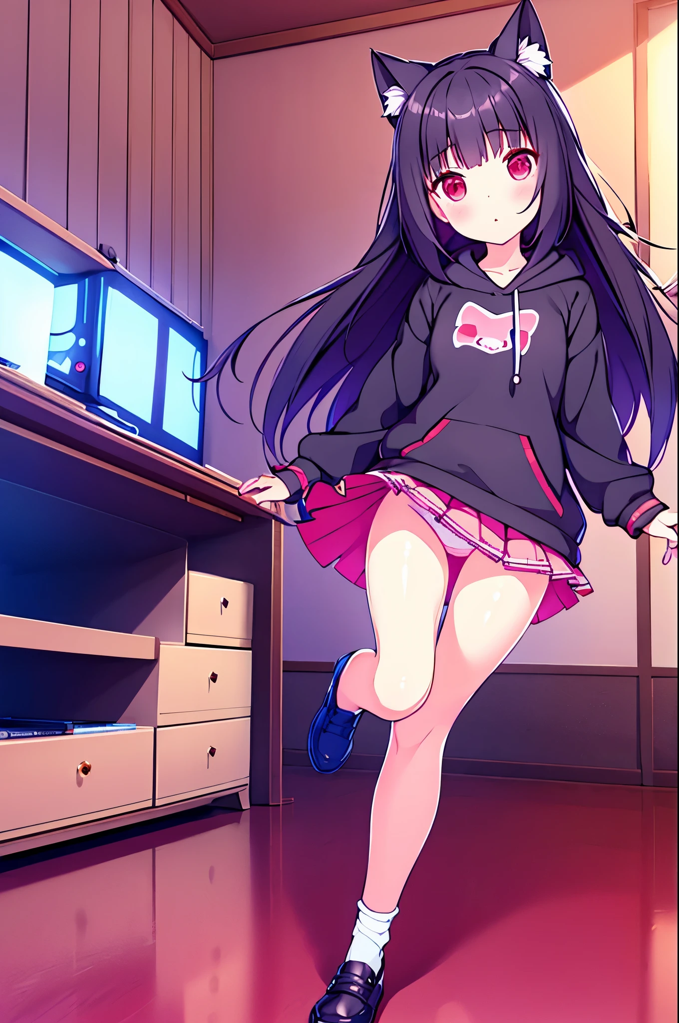 beautiful girl incredible quality 4k vtuber with red eyes black hair small breasts cat hoodie black school mini skirt skirt open legs with stocking showing pink panties in rgb gamer room