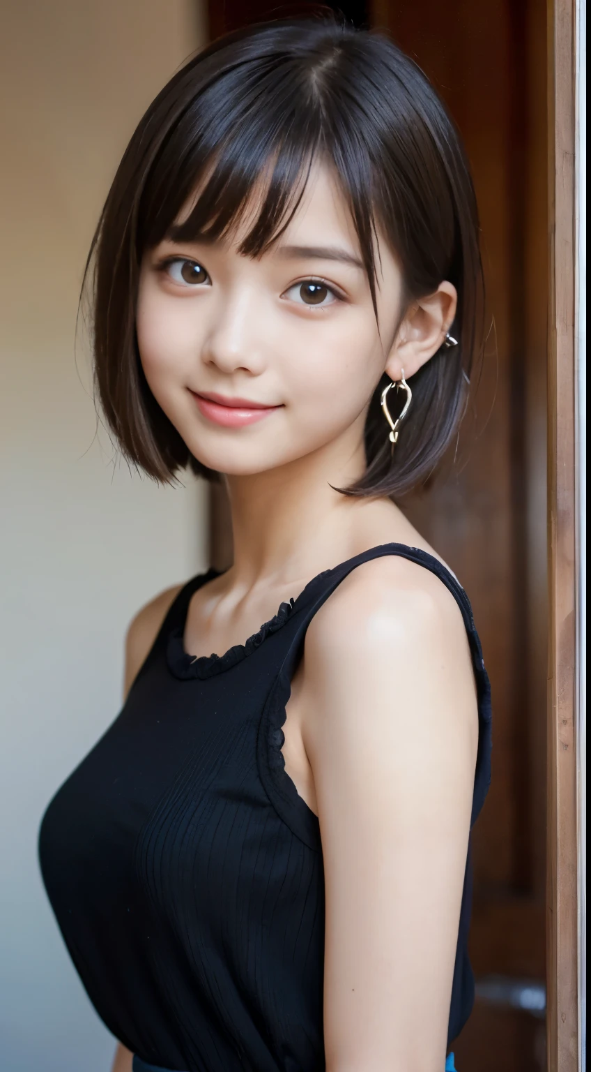 (Surrealism, Natural light, masterpiece, Super Detail, Anatomically correct), (smile, Looking at the camera:1.3), (Realistic high school girl, Surreal Girl, , Small waist and large bust style, low length, Sister's Girl, Round face, Eyebrows downwards, Short Bob Cut, Black Hair, bangs, 1 earring, Vivid eyes, Lightly reddish, Look at the viewers, Affectionate Cute:1.2)