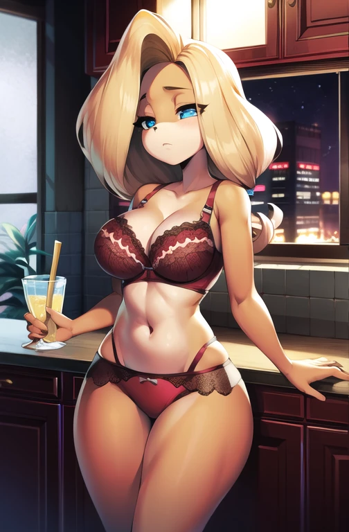 best quality, masterpiece, solo, 1girl, originaltawna, red lacey bra, red panties, standing, kitchen, sleepy eyes, holding cup of water, night, no lighting