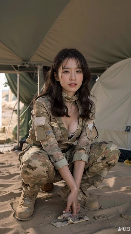 Tense atmosphere，best quality, 8K, Ultra-high resolution, (Reality: 1.4), original photo, Dramatic，1 Girl, ((desert camouflage uniform)), Cleavage，Long legs，Blood stains，Blood，Movie Lighting, Standing outside the white tent，Red cross sign on tent，Gao Dashi man next to the girl，bandage，Man holding girl，Crowd behind the girl