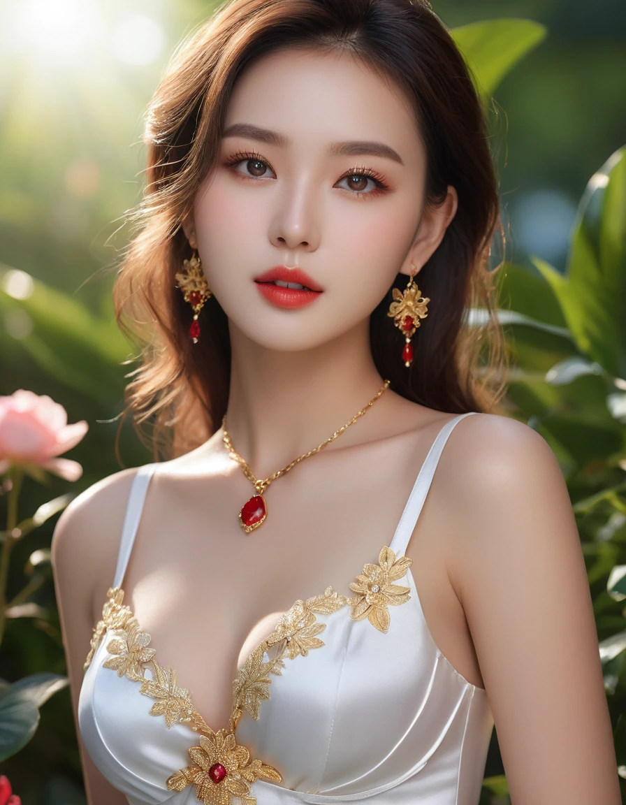 pretty girl: Asian, super cute, stunningly beautiful, gorgeous;
Age: from 18-20 years old;
hair: bronze orange color, smooth, shimmering in the sunlight, very detailed;
skin: ivory white, rosy and flawless;
pores on real leather;
eyes: pure black, (((realistic))), almond shaped, sexy, youthful, clear, super detailed, elegant, seductive, vivid, sharp makeup, ((captivating of viewers));
eyelids: delicate, delicate, perfectly beautiful;
Eyebrows: arched, sparse, sharp;
face: beautiful, pure, beautiful like a fairy, delicate makeup, lovely, perfectly balanced, beautiful in every detail, delicate lines;
nose: pretty, lovely, high;
Cheekbones: prominent;
lips: seductive, light red lipstick, lovely lip gloss;
teeth: moon crystal;
breasts: full, deep cleavage, firm, fits bra well, protruding nipples;
bra: bright red, gold embroidery, metallic;
body: plump, attractive, full of youth;
accessories: ruby necklace, ruby earrings;
shirt: silk fabric, red, with white silk belt at the waist;
dress: tight, see-through, flattering busty figure;
Fashion style: high-end women, modern 2024, luxury;
Photo quality: non-NSFW, 8K CG HD, sharp, super beautiful graphics, professional, detailed, vibrant colors, super smooth, advanced techniques, super realistic RAW;
lighting: luxurious, front projection, complex, black and gold tones;
sunlight: sparkling, illuminating the girl's body;
Background: wonderland, colorful flower garden.
((Close-up photo of the girl's body, super realistic, super detailed of her eyes and lips, highlighting the angles of her face under the bright sunlight)).