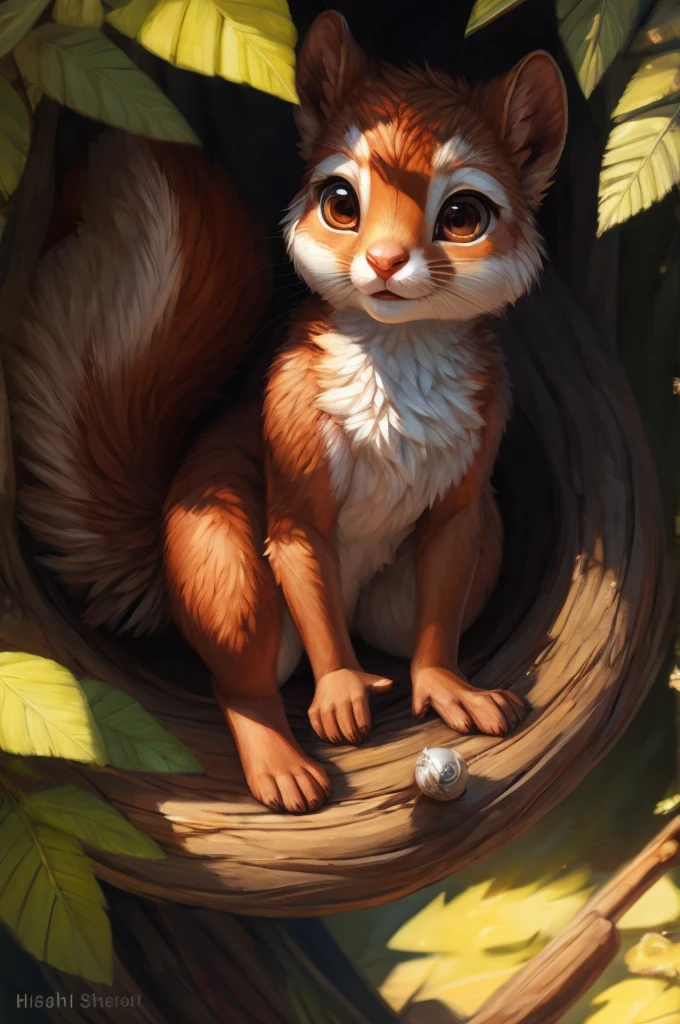 [S="small_anthro, solo, (cute), small, female, furry, furry_art, light_brown_eyes, (red_squirrel), fluffy_fur, photorealistic_fur, squirrel's_nose, squirrel's_tail, 2_arms_and_2_legs"]. S coming out from tree's hole, depht_of_high_view, masterpiece, breathtaking, superb_quality, photorealistic_oil_painting, trending_on_artstation, disney_art, by pixelsketcher, by hioshiru, by degasi, by wlop, 