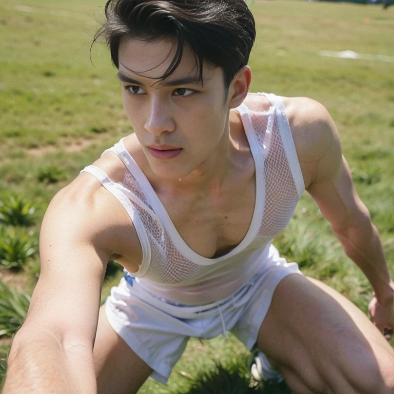 Boy on rugby field，sweat leggs，Photos during exercise，Rugby costume masculine，Exquisite facial features，virile，musculature，rich facial detailThe crotch is raised , closeup cleavage , sexy , NSFW. ,eroticism ， ((wearing fishnet sexy bodysuit)) ， full length shot