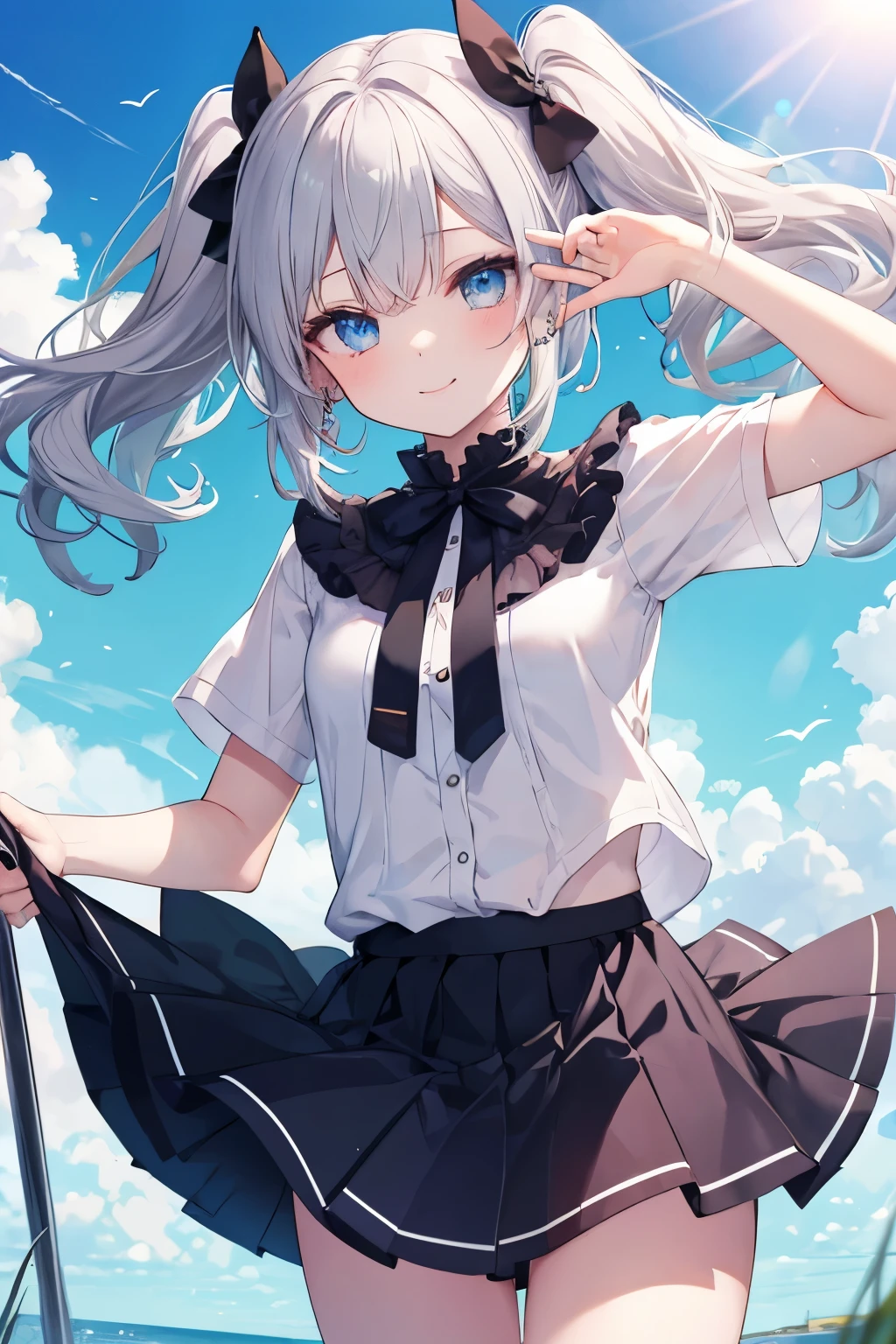 Silver-haired blue eyes、 girl、Small breasts、Twin tails、Laughter、Nico Nico Smile、Wink、 girl、Looks about 、Petan Musume、short、There are highlights in the eyes、Gal-like appearance、Wearing piercings、Sexy short sleeve outfit、mini skirt、The wind is blowing and my panties are showing through my skirt、It's very hot and I'm sweating、I can see your belly button、blue sky
