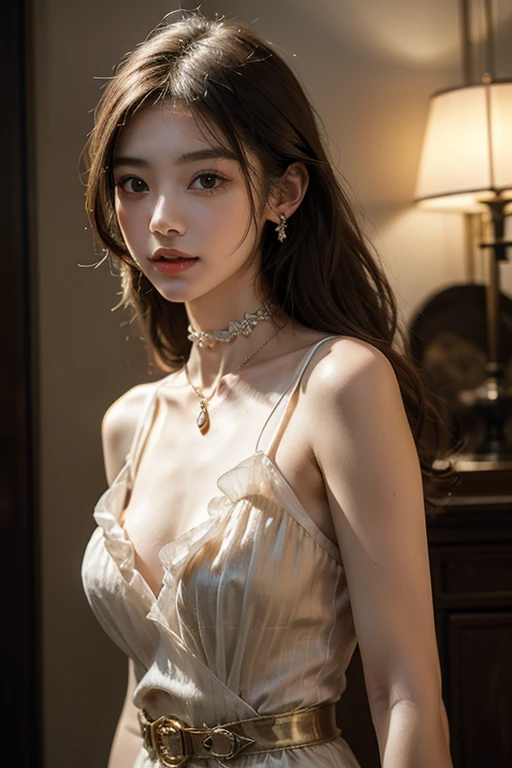highly detailed, 8K, masterpiece, 1 girl, Smile, (perfect_Face), boundary, mad,, Gorgeous, dramatic lighting, 4K, detailed, Caustics, upper body, Thin womens clothes