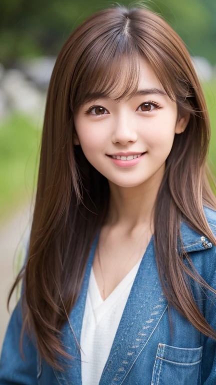 Brown Hair,Medium Hair,20-year-old female, Small nose, With the correct face, Cute natural smile, Japanese facial features, A clean and cute face, Cute realistic portrait, Asian Face, 8K Photo, Soft Makeup,Natural skin texture,Raw photo,highest quality,Full Body Shot,Mountaineering