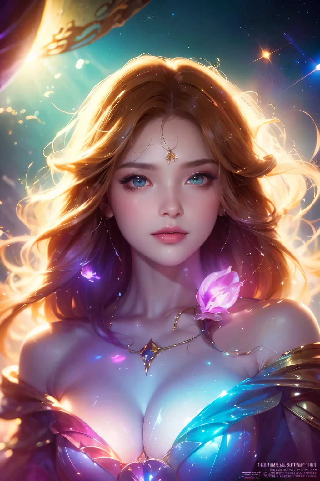 A sorceress in a cloud universe, shining stars and galaxy, surrounded by vibrant and colorful light particles, Heaven opens to a galactic vortex. Portrait Scene. she (Beautiful details) Eyes and (Beautiful details) lips. This dress is made of lightweight material, hair is flowing down (Loose and natural) curl, Add to her (Gentle and easy-going) exterior., half-closed eyes, Surrealism, Art Deco, high detail, Futurism, Hyperrealism, cinematic lighting, lens flare, f/2.8, Nikon, UHD, retina, masterpiece, curate, anatomically correct, textured skin, super detail, high details, high quality, award winning, best quality, higher, 