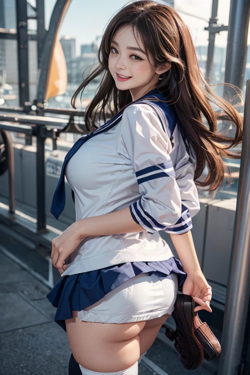 1 female,(((sailor suit))),((skirt)),shy、blush,(red cheek),((looks happy:1.3))、:p,thighhighs,((loafers)),back shot,curvy thighs,Breathless face、sweating、Excited facial expression、Long Hair、Realistic,High resolution,Soft Light,Large Breasts, blue eyes, 