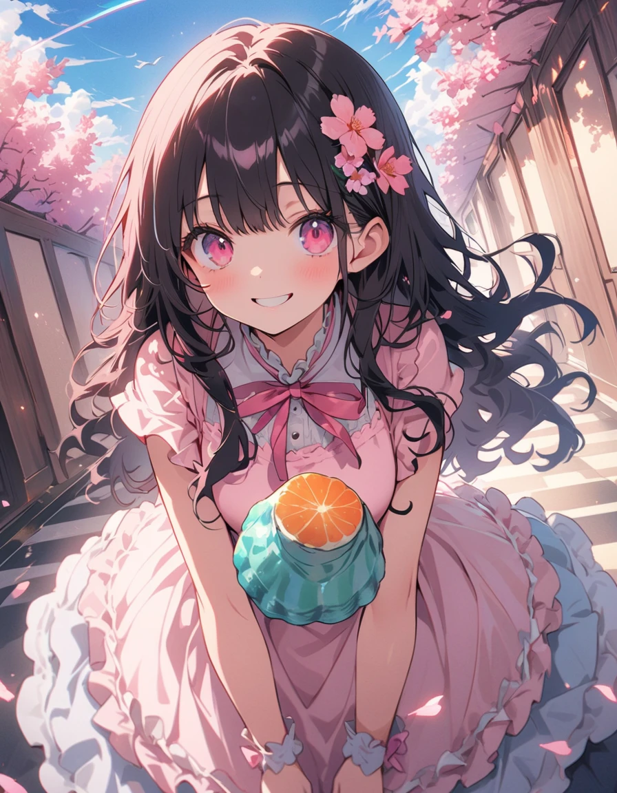 (masterpiece),(highest quality), figure, (Fantasy:1.4), Gray wavy hair, Long eyelashes, Round eyes, smile, (cherry blossoms:1.2)、(oysters:1.6)、(Oceanの幸)、(清浄Ocean域アジワ)、(Warm Beach)、(Ocean)、Surrealism, Anaglyph, Stereogram, Atmospheric perspective, 8k, Super Detail, Accurate, highest quality, 超High resolution, Textured skin, Pale maroon frilled dress, (pastel colour) , paper_cut、(highest quality、masterpiece、High resolution、detailed)、animeスタイル、Flat Style、(Shining Eyes、detailed美しい顔), BREAK,1 girl、extremely detailed(The Shining), Best lighting, Best Shadow、floating, (High saturation),Dynamic Angle、anime
